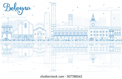 Outline Bologna Skyline with Blue Landmarks and Reflections. Vector Illustration. Business Travel and Tourism Concept with Historic Buildings. Image for Presentation Banner Placard and Web Site.