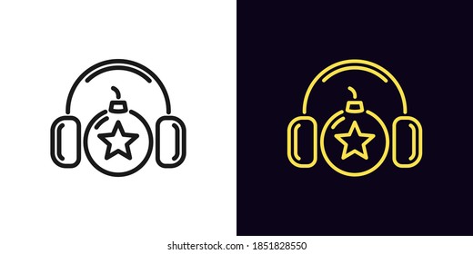 Outline bomb icon with editable stroke. Linear bomb with headphones and star sign, explosive sound. Top gamers, dj hit parade, explosive music compilation. Vector icon, sign, symbol for UI