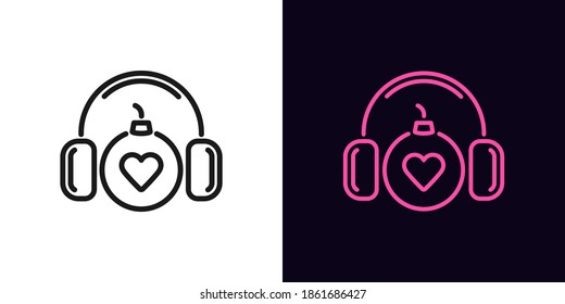 Icono de la bomba de contorno con trazo editable. Bomba lineal con auriculares y señal cardíaca, sonido explosivo. Top love dj, hit parade, explosiva compilación musical. Icono de vector, signo, símbolo para la interfaz de usuario