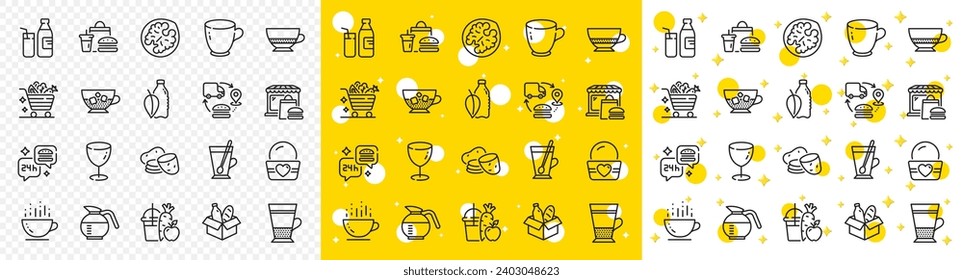 Outline Bombon coffee, Food donation and Water bottle line icons pack for web with Fast food, Vegetables cart, Milk line icon. Ice cream, Juice, Cold coffee pictogram icon. Tea cup. Vector