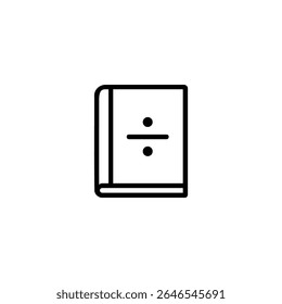 Um esboço de um livro com um símbolo de divisão (obelus) na capa. Ícone vetorial para matemática, educação e aprendizagem.