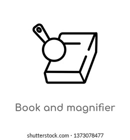 outline book and magnifier vector icon. isolated black simple line element illustration from education concept. editable vector stroke book and magnifier icon on white background