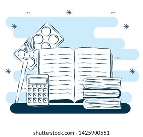 outline books with calculator and watercolor with brushpaint