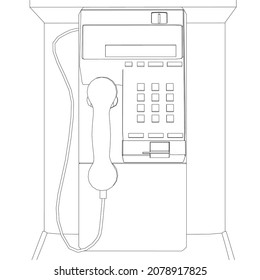 Outline of a booth with a street phone from black lines isolated on a white background. Front view. Vector illustration
