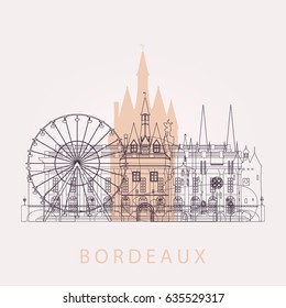 Esbozar Burdeos con puntos de referencia. Ilustración vectorial. Concepto de viajes de negocios y turismo con edificios históricos. Imagen para presentación, banner, pancarta y sitio web.
