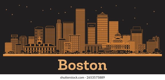 Destaque Boston Massachusetts City Skyline com edifícios laranja. Ilustração de vetor. Viagens de negócios e conceito com arquitetura moderna. Paisagem urbana de Boston EUA com marcos.