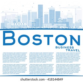 Outline Boston Skyline with Blue Buildings and Copy Space. Vector Illustration. Business Travel and Tourism Concept with Modern Buildings. Image for Presentation Banner Placard and Web Site.