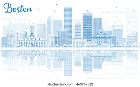 Outline Boston Skyline with Blue Buildings and Reflections. Vector Illustration. Business Travel and Tourism Concept with Modern Buildings. Image for Presentation Banner Placard and Web Site.