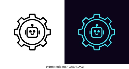 Outline bot settings icon, with editable stroke. Gear wheel frame with chatbot sign, smart assistant control. Bot adjustment tool, chatbot algorithm setting, robot configuration. Vector icon