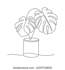 Outline botanical illustration. Line continuous house plant in pot vector. Outline drawing. Hand drawn linear icon. Green leaves silhouette. Minimal design, print, banner, card, wall art poster, logo.