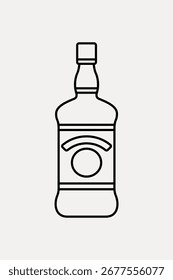 Outline of a bottle with a label. Simple bottle design, perfect for beverage branding. Bottle icon in black and white, ideal for minimalist projects. Food and drink illustration vector.