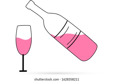 Outline bottle of wine and glass icon isolated. Doodle winery in linear style for holiday design. Cheers, holiday toast. Sketch vector stock illustration
