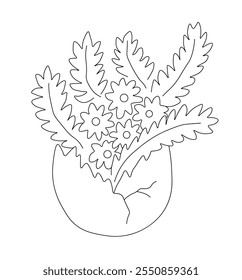 Outline of bouquet of flowers with leaves growing in a light eggshell. Vector illustration on a white background