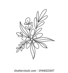 Outline bouquet layering with different flowers and leaves. Vector illustration, editable stroke.