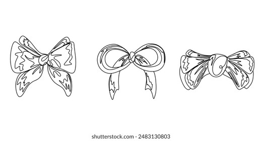 Outline bows set of 3 illustrations. Line art  bows, bow-knots, gift ribbons. Trendy hair braiding accessory. Cartoon hand drawn vector bowties. White background. Cute elements for print design. 