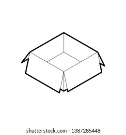 Outline box icon. Empty cardboard corrugated box with 4 top flaps open. Isometric vector isolated on white background.