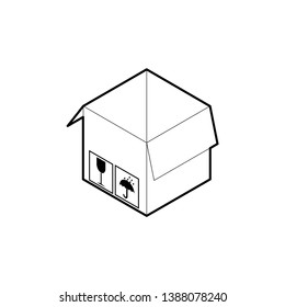 Outline box icon. Empty cardboard corrugated box with 2 top flaps open. Isometric vector isolated on white background.