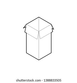 Outline box icon. Empty cardboard corrugated box with 4 top flaps open. Isometric vector isolated on white background.