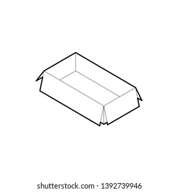 Outline box icon. Empty cardboard corrugated box with 4 top flaps open. Isometric vector isolated on white background.