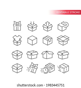 Outline box vector icon set. Open, closed, package parcel boxes. Editable stroke.