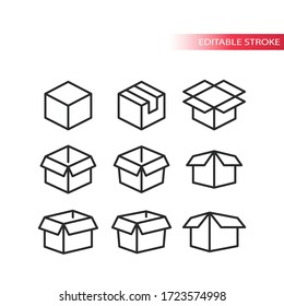 Outline Box Vector Set. Open, Closed, Package Parcel Boxes Icon Set. Editable Stroke.
