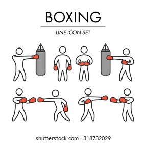 Outline boxing icons set. Linear figure boxer. Line art sport symbols