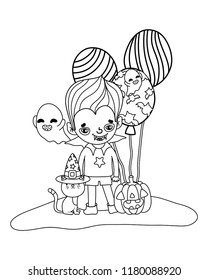 outline boy with vampire costume and ghosts with pumpkin