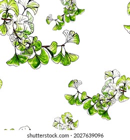 An outline of a branch of ginkgo biloba on a white background. Seamless pattern.