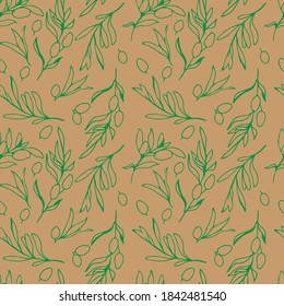 outline Branches of olives seamless pattern. Green handwritten olives, branches, leaves. Stock vector illustration isolated on beige, craft. For gift wrapping, wallpaper, scrubbing, textile, web page