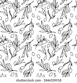 outline Branches of olives seamless pattern. black handwritten olives, branches, leaves. Stock vector illustration isolated on white. For gift wrapping, wallpaper, scrubbing, textile, web page
