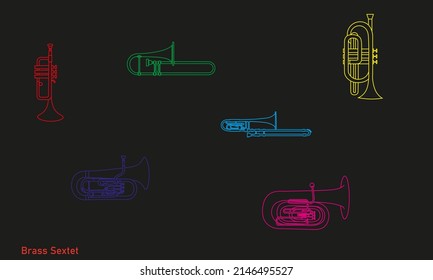 Outline brass sextet as cornet, trumpet, trombone, tuba ensemble and bass trombone isolated on black background. Musical instruments for template or art school dictionary illustration