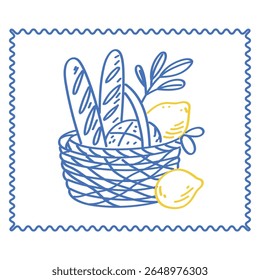 Outline Bread Baguette Basket Illustration. Romantic Picnic Bakery Food Ingredients Sketch Line Art. Mediterranean Travel Vacation Atmosphere. Tourism Agency Card Print. Doodle Hand Drawn Sketch Bread