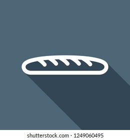 Outline bread icon. Bakery symbol. White flat icon with long shadow on blue background