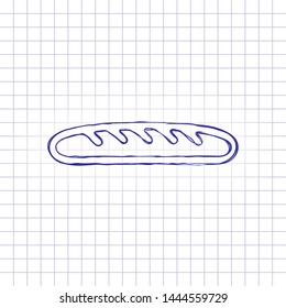 Outline bread icon. Bakery symbol. Hand drawn picture on paper sheet. Blue ink, outline sketch style. Doodle on checkered background