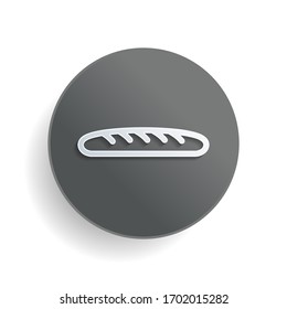 Outline bread icon. Bakery symbol. White paper symbol on gray round button or badge with shadow
