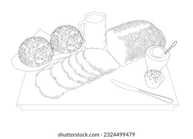 Umfassende Zeichnungen im Frühstücksstil. Vektor handgezeichnet Set Frühstück. Milchsaft, Kaffeekanne, Tasse, Saft, Sandwich. Pancakes, Toast mit Marmelade für Design-Markt-Produkt.