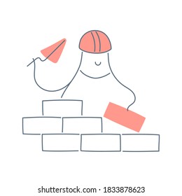 Outline bricklayer industrial worker, builder at work. Construction worker installing bricks in the construction site. Flat line cute vector illustration on white.