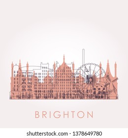 Outline Brighton skyline with landmarks. Vector illustration. Business travel and tourism concept with historic buildings. Image for presentation, banner, placard and web site.