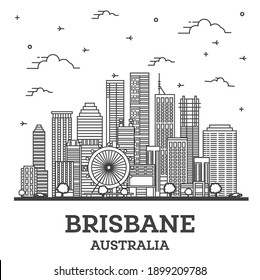 Outline Brisbane Australia City Skyline with Modern Buildings Isolated on White. Vector Illustration. Brisbane Cityscape with Landmarks. 