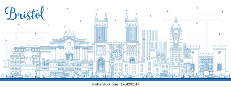 Outline Bristol UK City Skyline with Blue Buildings. Vector Illustration. Bristol England Cityscape with Landmarks. Business Travel and Tourism Concept with Historic Architecture.