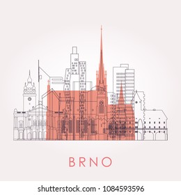 Outline Brno skyline with landmarks. Vector illustration. Business travel and tourism concept with historic buildings. Image for presentation, banner, placard and web site.