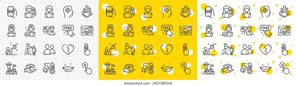 Contorno Corazón roto, Ciberataque y entrega de iconos de línea de hombre paquete para la web con el doctor Oculista, aplicación de correo, icono de línea de información falsa. Acuerdo, proyecto Bitcoin, Icono de pictograma de reclutamiento. Vector