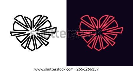 Outline broken love icon, with editable stroke. Broken heart fragments, fragile love relationship. Shattered heart with glass shards, destroyed love, hurt feeling, heartbreak pain. Vector icon