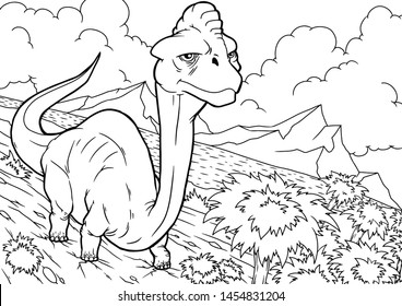 Outline Brontosaurus Dinosaur Illustration, Coloring page for children