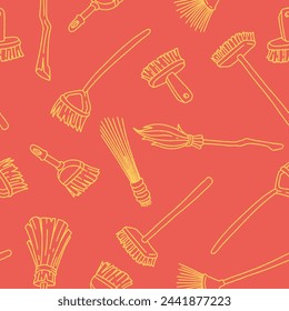 Outline Broom Vector Hand Drawn Illustration Seamless Pattern Print, Wallpaper, Decorations.