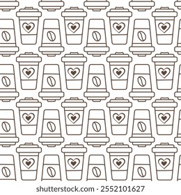 Outline brown disposable cup with heart or coffee bean on label Seamless Pattern Takeaway background