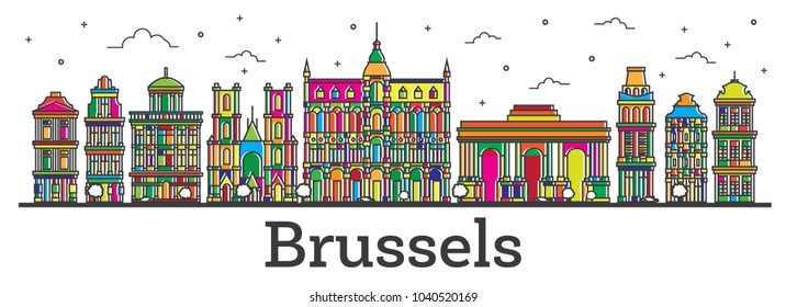 Outline Brussels Belgium City Skyline with Color Buildings Isolated on White. Vector Illustration. Brussels Cityscape with Landmarks.