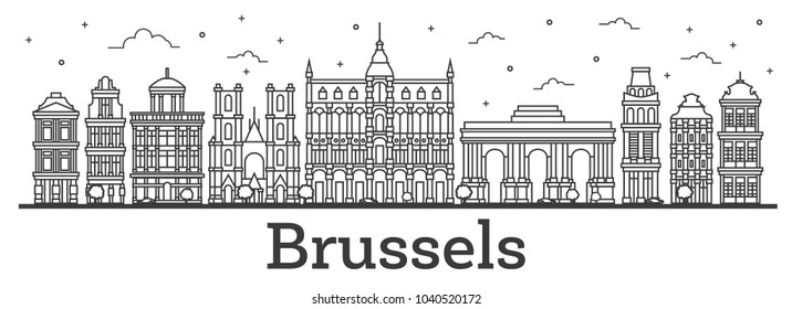 Outline Brussels Belgium City Skyline with Historic Buildings Isolated on White. Vector Illustration. Brussels Cityscape with Landmarks.