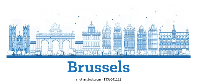 Outline Brussels Belgium City Skyline with Blue Buildings. Vector Illustration. Business Travel and Concept with Historic Architecture. Brussels Cityscape with Landmarks.