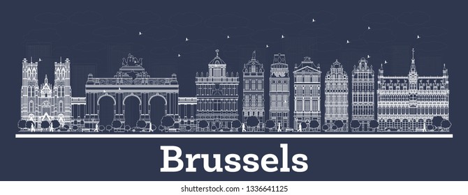 Outline Brussels Belgium City Skyline with White Buildings. Vector Illustration. Business Travel and Concept with Historic Architecture. Brussels Cityscape with Landmarks.